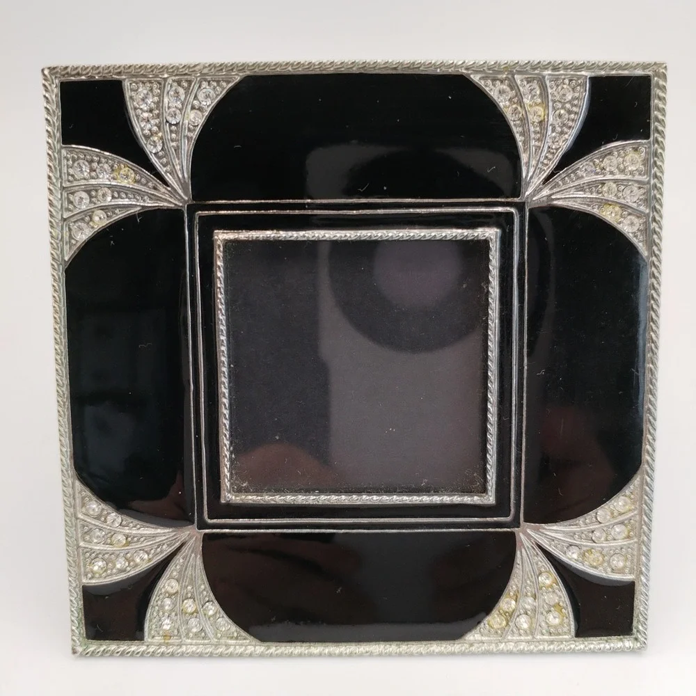 Vintage Art Deco Style Mini Picture Frame Black Enamel Rhinestone Square 2x2